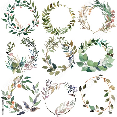 A set of watercolor floral wreaths. The wreaths are made of green leaves and flowers. They are perfect for wedding invitations  save the dates  and other special occasions.