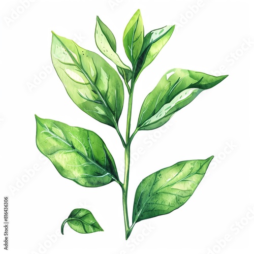 A watercolor painting of a green tea plant