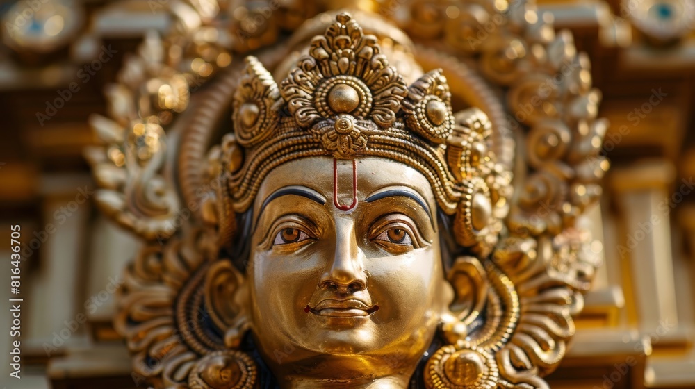 The golden face of a Hindu god with a serene expression. The golden face of a Hindu god with a serene expression.
