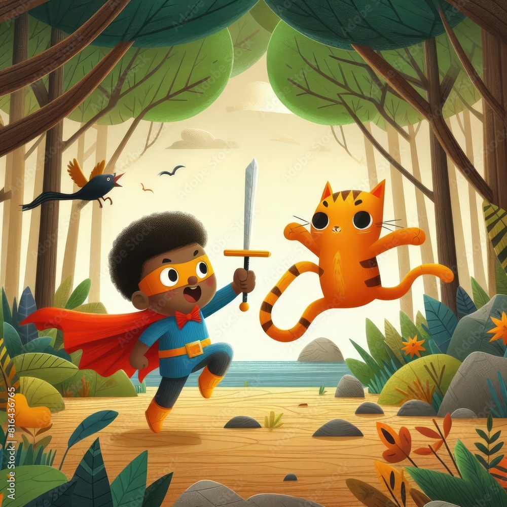 Fototapeta premium Little Warrior: An Adventure of a Child Against the Evil Orange Cat