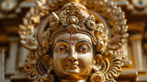 The golden face of a Hindu god with a serene expression. © Glory