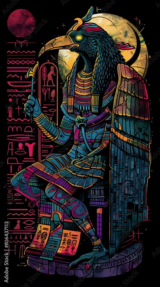 Thoth the Ibis Headed God of Wisdom and Writing Holding a Quill and Scroll with the Moon and Hieroglyphs in a Synthwave Backdrop Thoth the Ibis Headed God of Wisdom and Writing Holding a Quill and Scroll with the Moon and Hieroglyphs in a Synthwave Backdrop