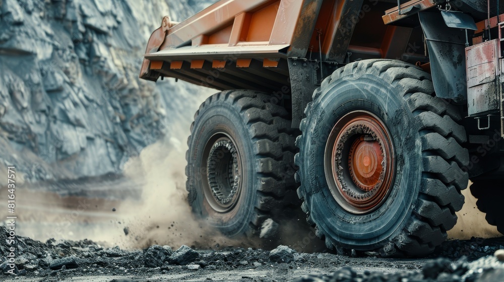 Close view of a large mining truck operating in an open pit, focusing on the vehicle's massive scale and the dusty coal background Close view of a large mining truck operating in an open pit, focusing on the vehicle's massive scale and the dusty coal background