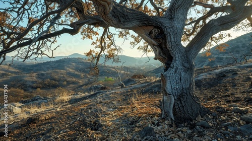 Close view of a scorched oak tree with the burnt mountain terrain behind, emphasizing the textures and colors post-fire, studio lit