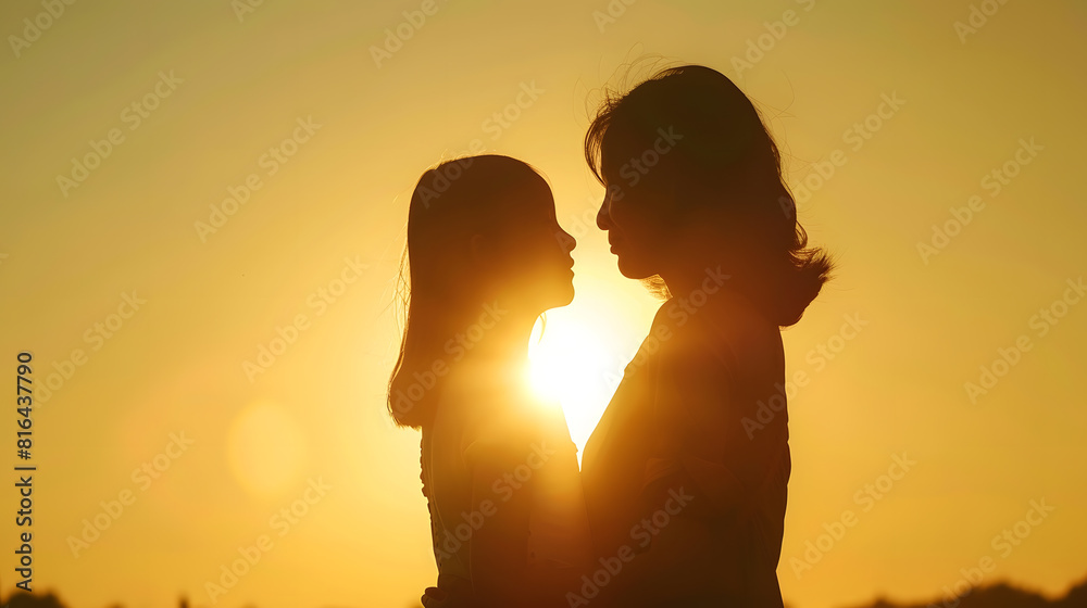 Silhouettes of mother and daughter at sunset : Generative AI
