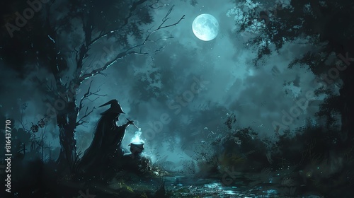 An eerie, moonlit scene of a witch brewing a potion in the forest photo