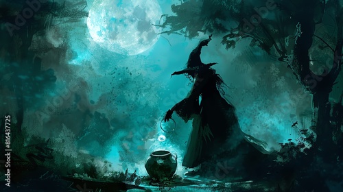 An eerie, moonlit scene of a witch brewing a potion in the forest photo