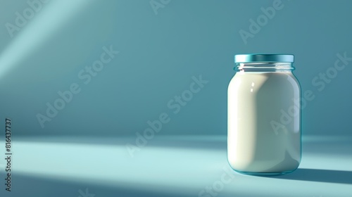 Photorealistic illustration of jar of milk against a blue pastel background with copy space for text or logo, beautifully illuminated by studio lighting 