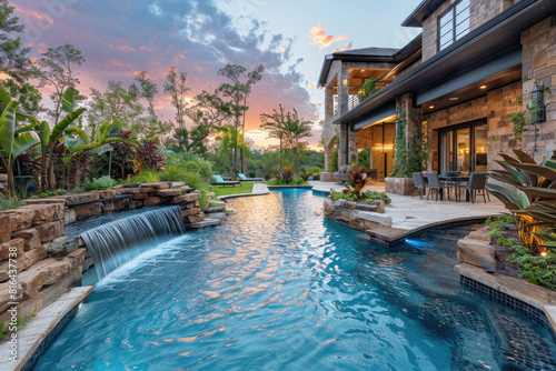 Beautiful mansion in Miami, large pool with waterfalls and natural stone surrounding it, outdoor living area. Created with Ai