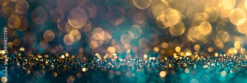 Abstract blur bokeh banner background. Gold bokeh on defocused emerald purple background 