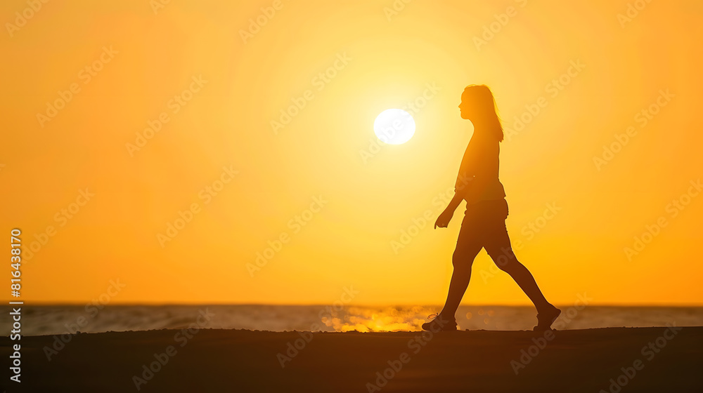 silhouette of a woman walking along the seashore Spiritual Peace Meditation A happy girl walks along the seashore against the backdrop of sunset side view : Generative AI