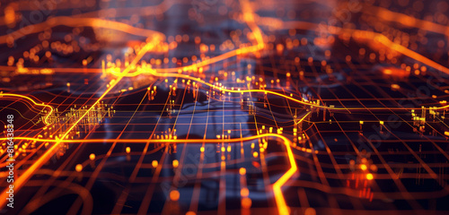 Warm amber lines visualize modern digital logistics mapping.