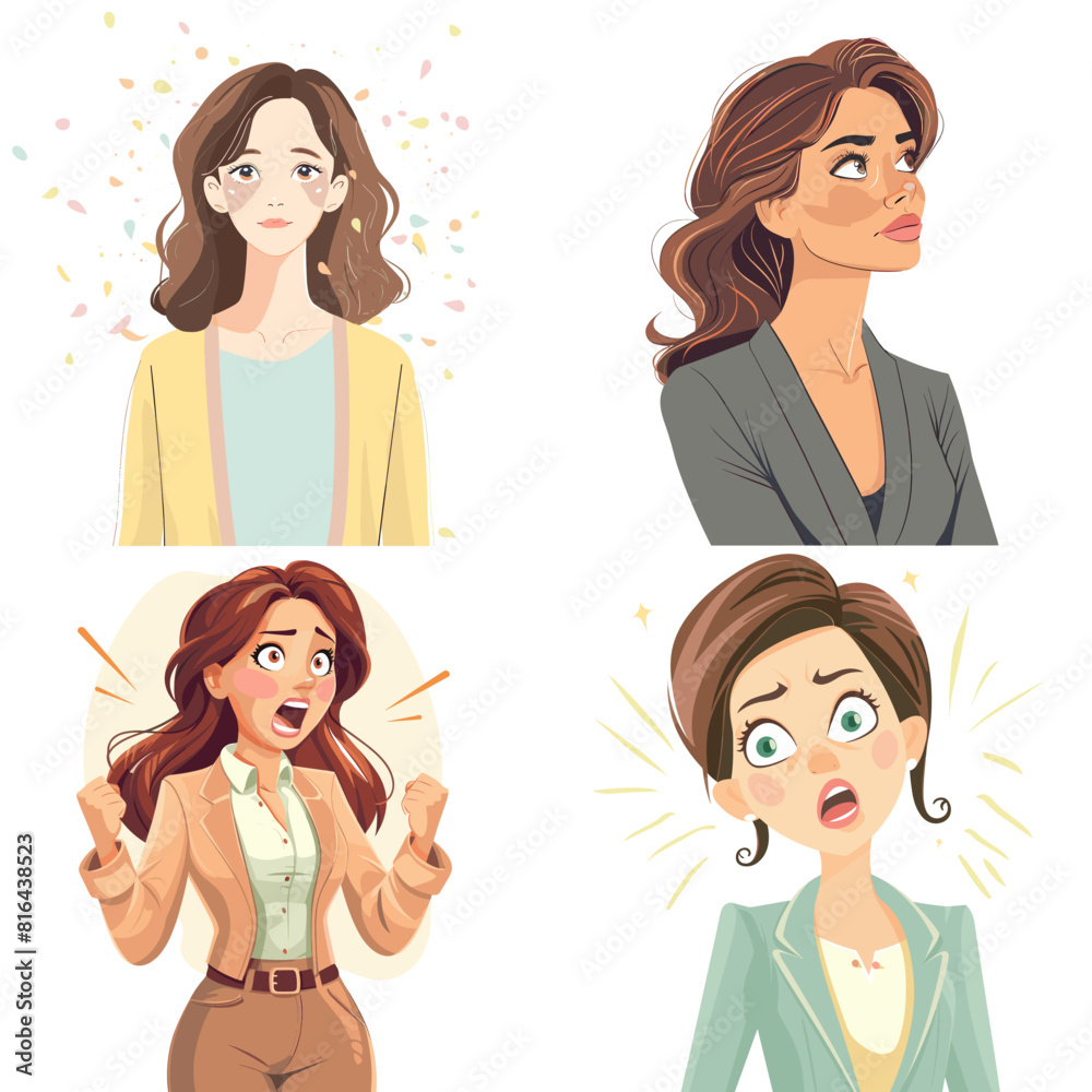 A set of four vector illustrations of a young woman expressing different emotions—happiness, anger, surprise, and contemplation. Perfect for emotional reaction concepts. A set of four vector illustrations of a young woman expressing different emotions—happiness, anger, surprise, and contemplation. Perfect for emotional reaction concepts.
