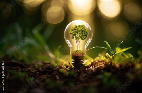 A light bulb with the tree inside is placed on soil, symbolizing environmental protection and energy conservation. It has a green background with natural sunlight.