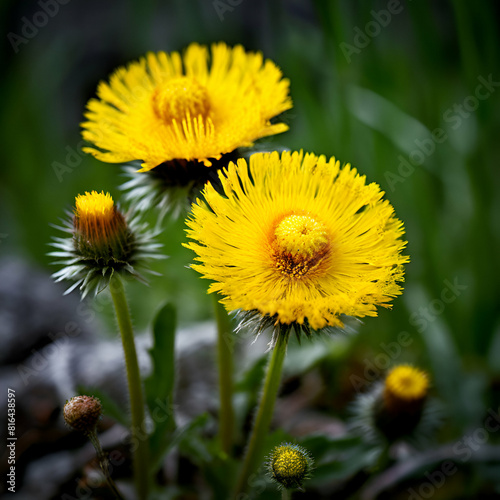 tussilago farfara flower yellow tussilago ,Bright yellow foalfoot flowers tussilago farfara on stony floor. Group of spring flower,s,generate ai photo