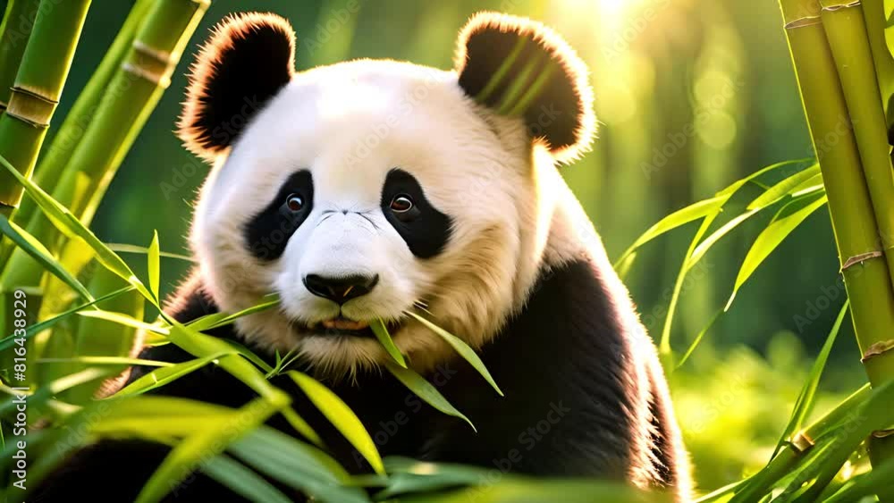 Peaceful day in the life of a large panda in a lush bamboo forest