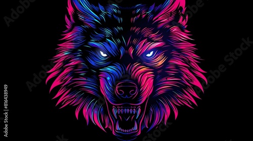 Vivid Norse Wolf Graphic with Glowing Eyes and Bared Teeth in Synthwave Style photo