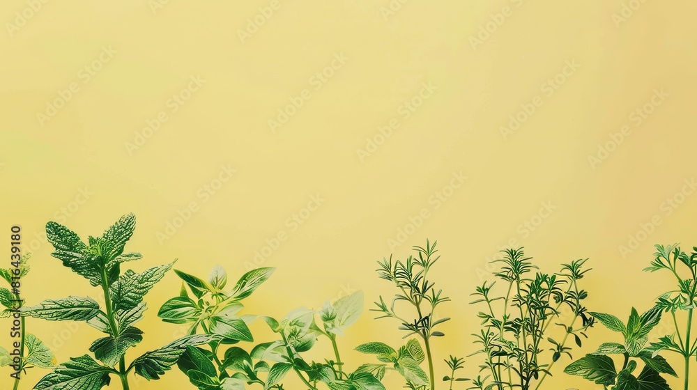 Photorealistic illustration of fresh herbs against a yellow pastel background with copy space for text or logo, beautifully illuminated by studio lighting Photorealistic illustration of fresh herbs against a yellow pastel background with copy space for text or logo, beautifully illuminated by studio lighting