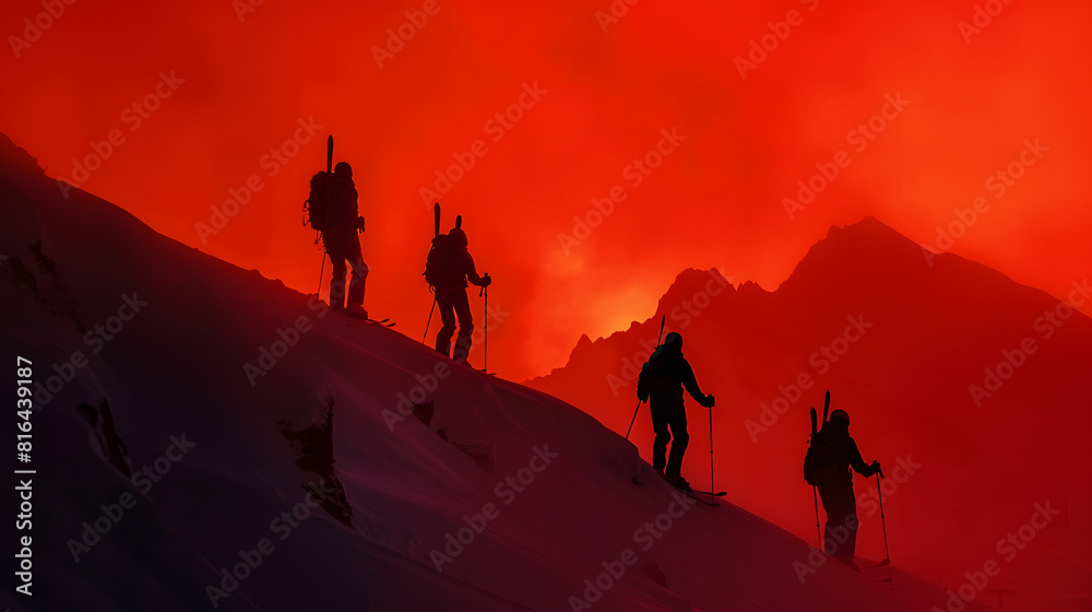 Silhouettes of four skiers on the highest point of the mountain against the background of the mountain peaks in the fog and the red sky : Generative AI Silhouettes of four skiers on the highest point of the mountain against the background of the mountain peaks in the fog and the red sky : Generative AI