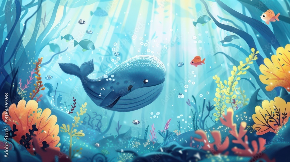 Colorful underwater scene featuring cute cartoon fish, hand drawn in animation style