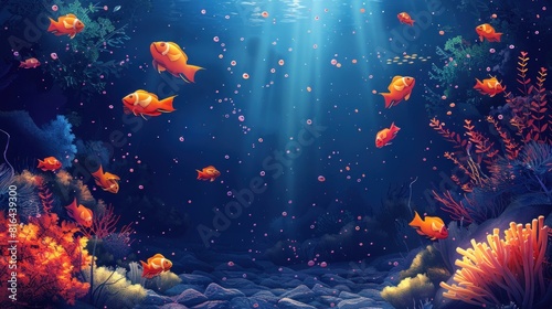 Underwater scene with cute cartoon fish, hand drawn in animation style, with copy space