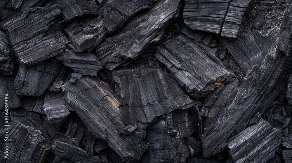 Detailed image of hardwood charcoal from above, showcasing natural textures and forms, isolated for clear advertising focus Detailed image of hardwood charcoal from above, showcasing natural textures and forms, isolated for clear advertising focus