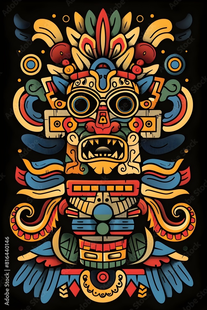Vibrant Aztec Inspired Tattoo Design with Intricate Spiritual Symbols