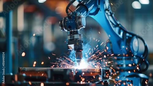 Detailed image of a robot arm welding components together in a parts factory, emphasizing the automation and skill of robotic workers