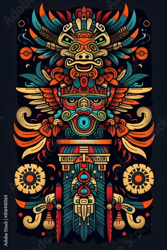 Vibrant Aztec Inspired Tattoo Design Featuring Intricate Mesoamerican Symbols and Motifs