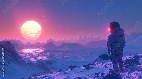 A curious 3D character exploring a mysterious alien landscape on a distant planet. photo