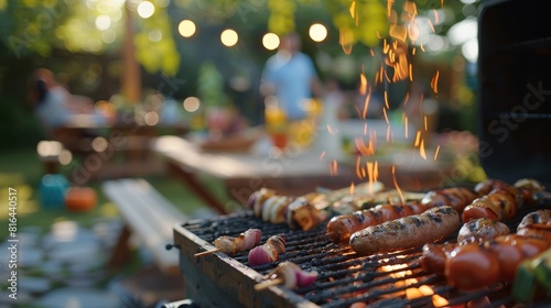 Detailed close-up of a summer BBQ gathering in a backyard, highlighting culinary details with the grill subtly blurred, ideal for ads photo