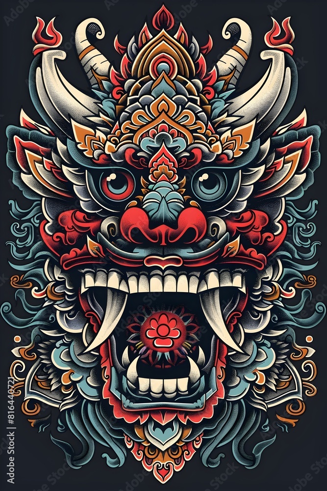 Fototapeta premium Vibrant Ethnic Tattoo Design Featuring Traditional Indonesian Motifs and Mythical Creatures