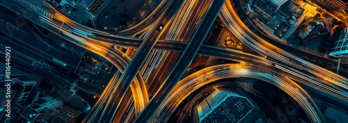 Aerial view of a highway with interchanging pedals at night in a city photo