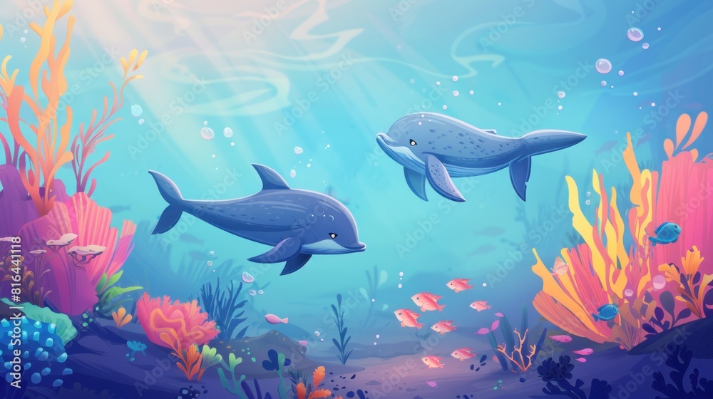 Obraz premium Cute 2D cartoon hand drawn underwater animals in an ocean background with copy space