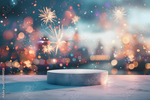 Empty blank podium pedestal with blurred fireworks festival and confetti background anniversary atmosphere for product display