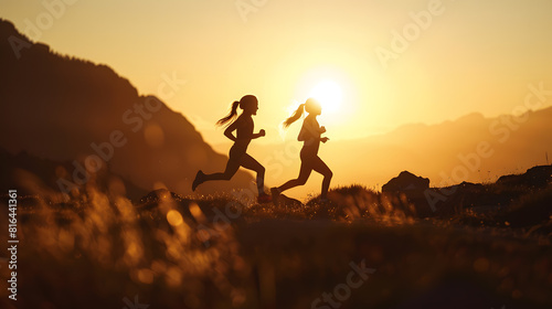Running people over rough terrain two girls train outdoors in a beautiful mountain landscape at sunset silhouette of two girls during a hike in the mountains   Generative AI