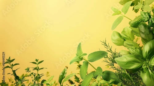 Photorealistic illustration of fresh herbs against a yellow pastel background with copy space for text or logo  beautifully illuminated by studio lighting 