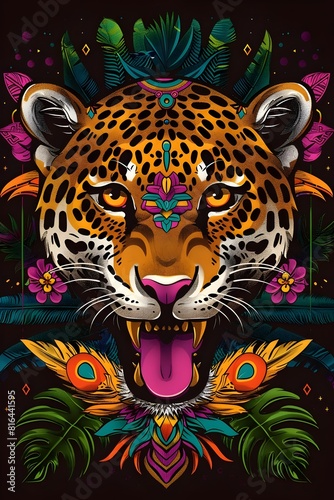 Vibrant Jaguar Adorned with Mayan Hieroglyphs and Jungle Motifs Representing Agility and Cunning