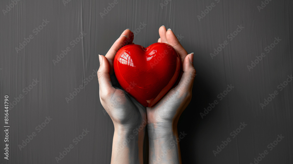 Fototapeta premium In a surreal minimalist setting, hands present a bold red heart, standing out against a monochromatic background. This image's clean lines and ample copy space make it ideal for highlighting concepts
