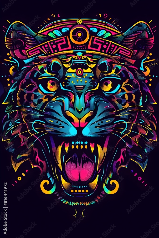 Fototapeta premium Vibrant Mayan Inspired Jaguar in Synthwave Esport Logo Style