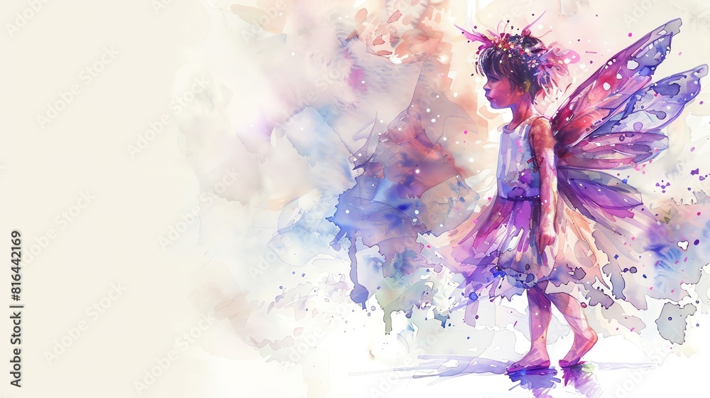 Watercolor illustration of a little girl in a fairy costume, her wings sparkling subtly, set against a pure white canvas