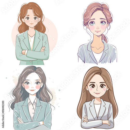 Elegant digital illustrations of professional businesswomen with confident and approachable expressions. Perfect for career, leadership, corporate, business, and character design themes.