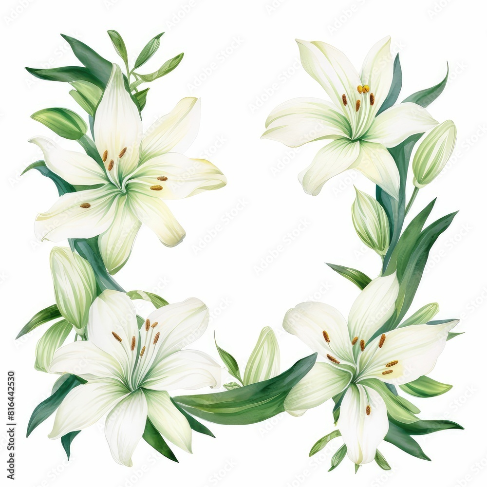 lily themed frame or border for photos and text.elegant white petals and green stems. watercolor illustration, wreath of Lily flowers and green leaves. lily themed frame or border for photos and text.elegant white petals and green stems. watercolor illustration, wreath of Lily flowers and green leaves.