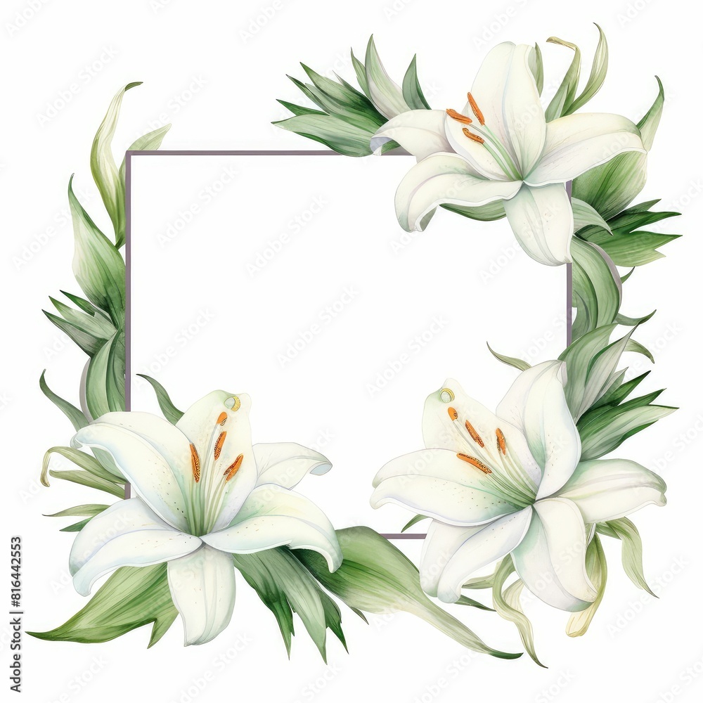 Obraz premium lily themed frame or border for photos and text.elegant white petals and green stems. watercolor illustration, wreath of Lily flowers and green leaves.