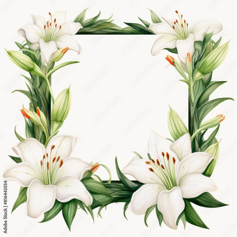 Obraz premium lily themed frame or border for photos and text.elegant white petals and green stems. watercolor illustration, wreath of Lily flowers and green leaves.