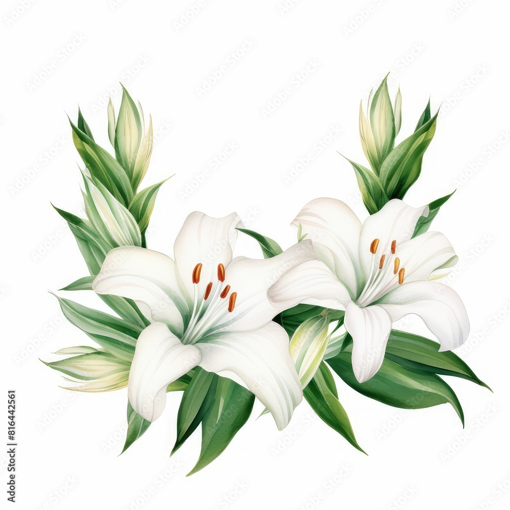 lily themed frame or border for photos and text.elegant white petals and green stems. watercolor illustration, wreath of Lily flowers and green leaves.