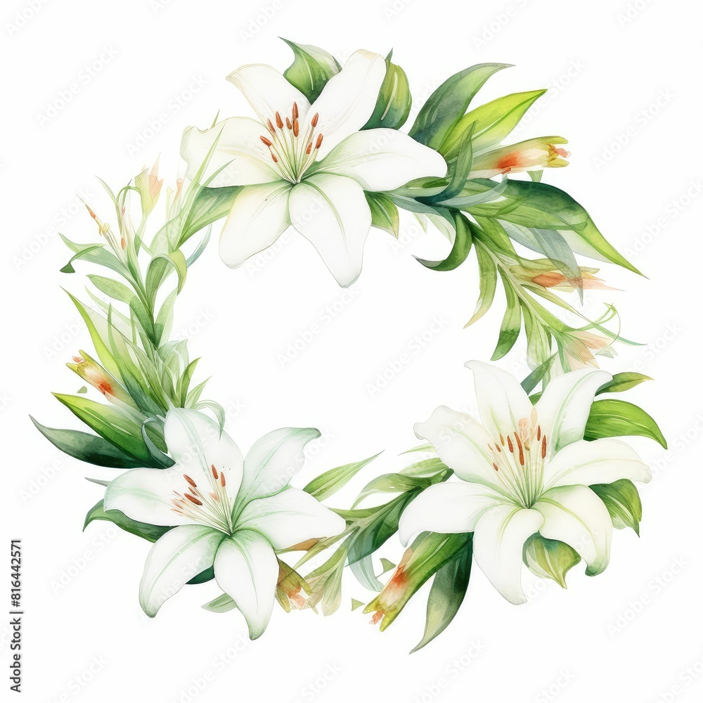 lily themed frame or border for photos and text.elegant white petals and green stems. watercolor illustration, wreath of Lily flowers and green leaves. lily themed frame or border for photos and text.elegant white petals and green stems. watercolor illustration, wreath of Lily flowers and green leaves.