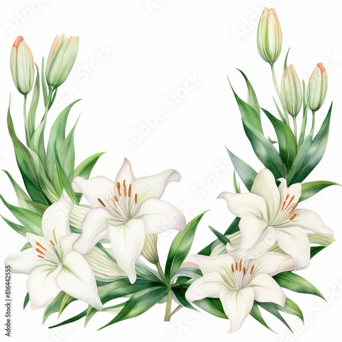 lily themed frame or border for photos and text.elegant white petals and green stems. watercolor illustration  wreath of Lily flowers and green leaves.
