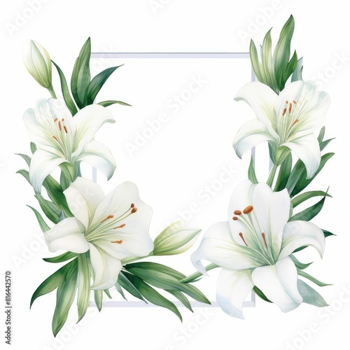 lily themed frame or border for photos and text.elegant white petals and green stems. watercolor illustration, wreath of Lily flowers and green leaves.