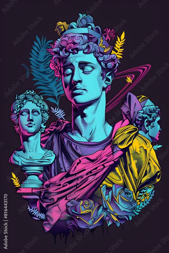 Fototapeta premium Vividly Detailed of Pygmalion the Mythological Sculptor in Vibrant 80s Synthwave Style on Black Background